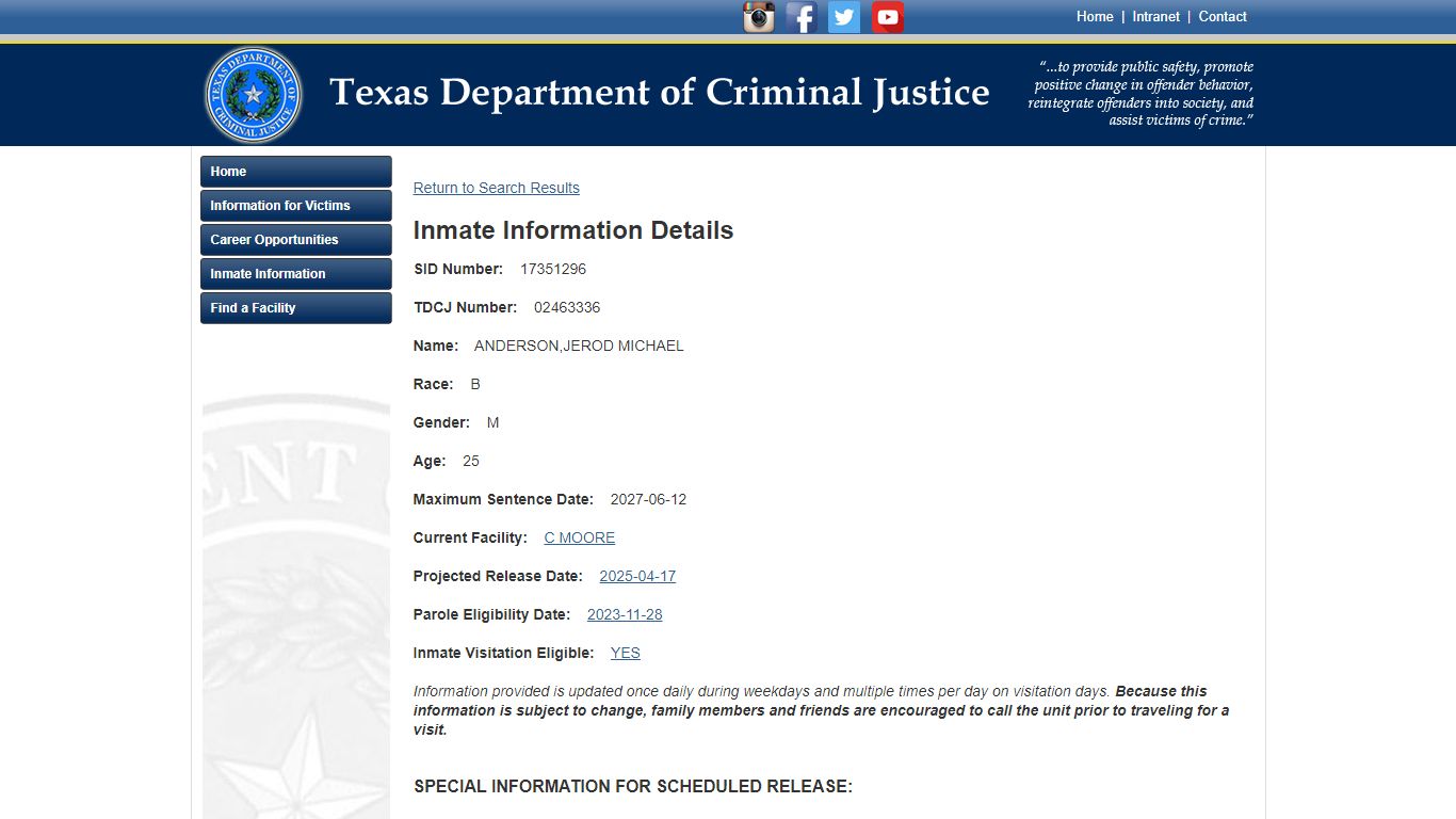 Texas Department of Criminal Justice Inmate Search