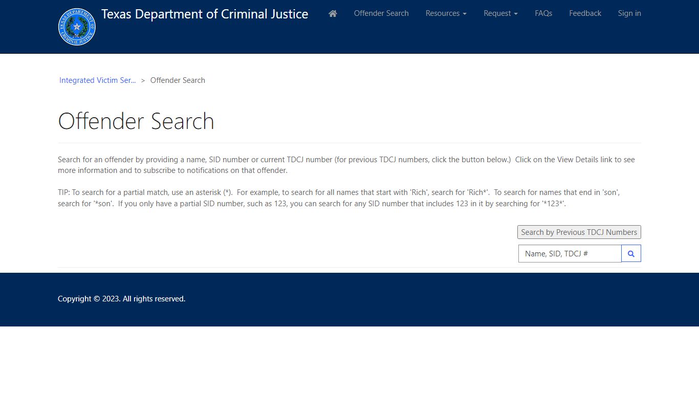 Offender Search · Customer Self-Service - Texas